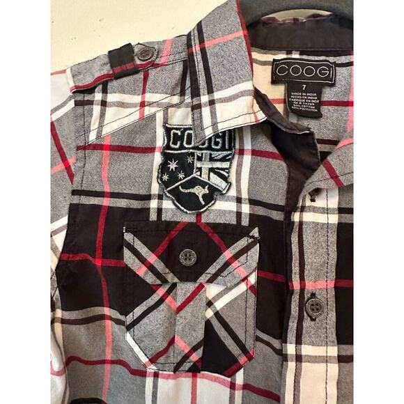 Coogi Boys Plaid Button-Down Shirt Size 7 Short Sleeve Embroidered Cotton Top - Picture 2 of 8